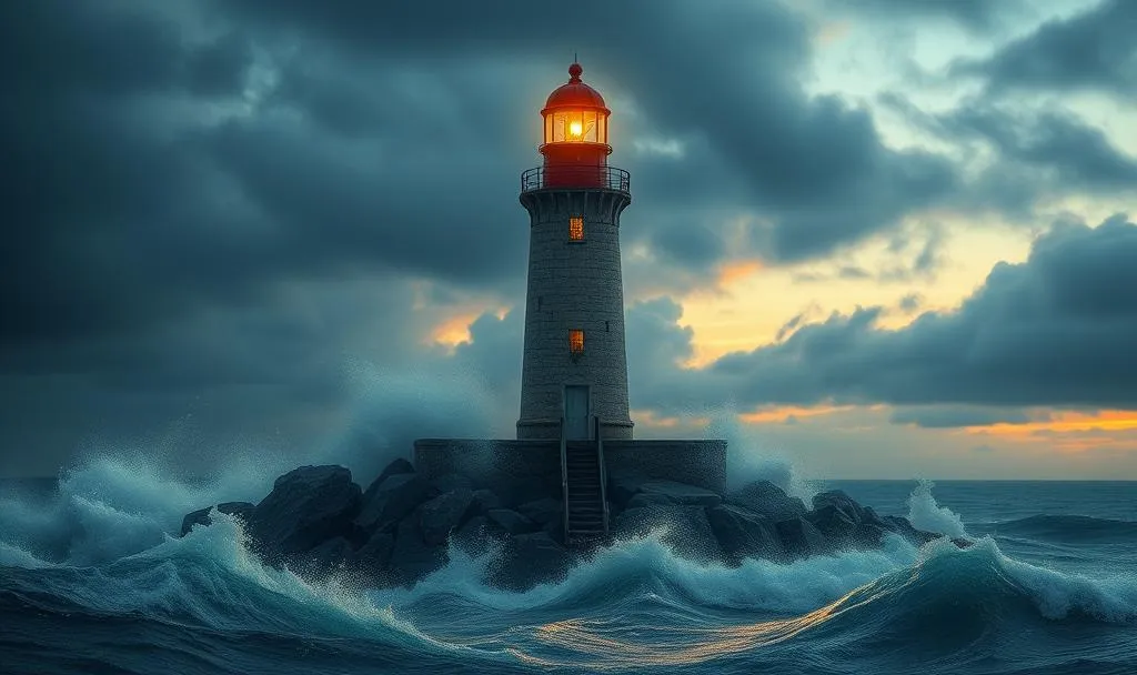 Lighthouse standing tall in a seastorm